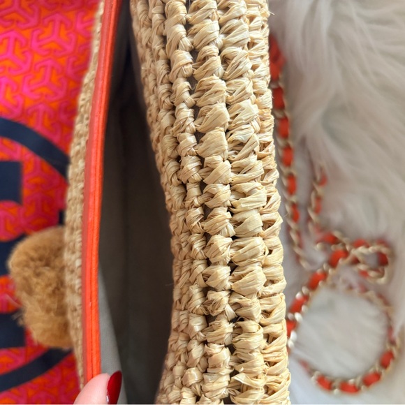 Tory Burch Raffia Orange Leather Gold Chain Pom Crossbody Bag - Picture 3 of 9